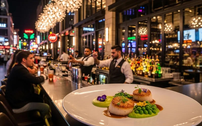 “Modern restaurant district Nashville, fine dining food plating, cocktail bar atmosphere”