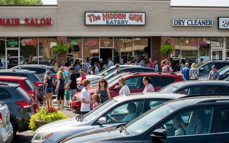 “Small strip mall restaurant exterior, crowded parking lot, hidden gem restaurant”