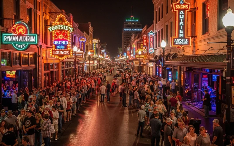 “Busy Nashville Broadway street with long restaurant lines, crowded tourist area, neon lights, travel mistake concept”