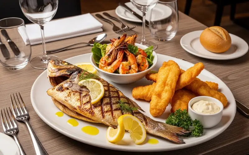 Grilled fish vs fried fish comparison, seafood platter, restaurant table setting