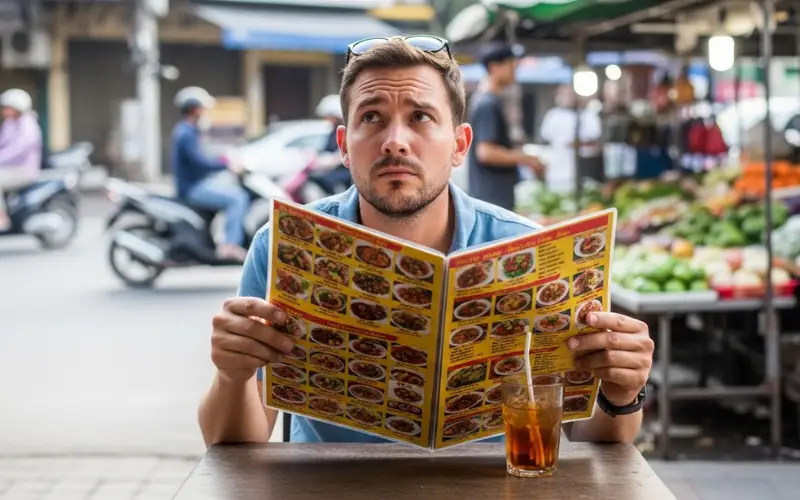 Tourist confused looking at food menu, travel learning moment