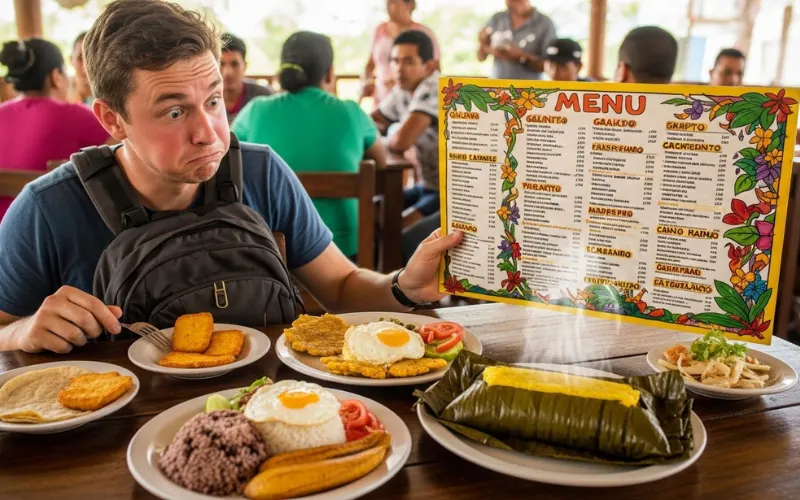 Traveler looking confused at restaurant menu while local food dishes like gallo pinto 