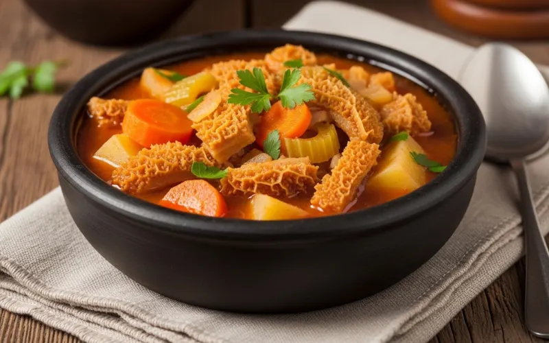 Hearty tripe stew with vegetables in rustic bowl, traditional meal