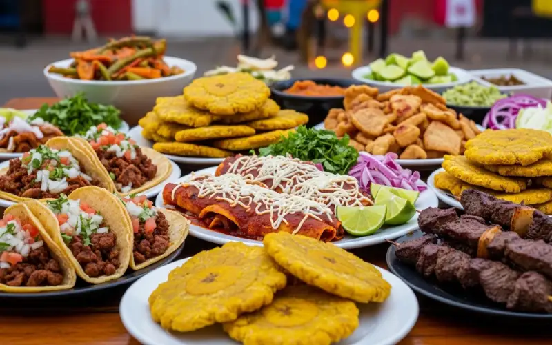 Assorted Nicaraguan street foods including tacos, enchiladas, tajadas fried plantains, tostones and carne pinchada skewers