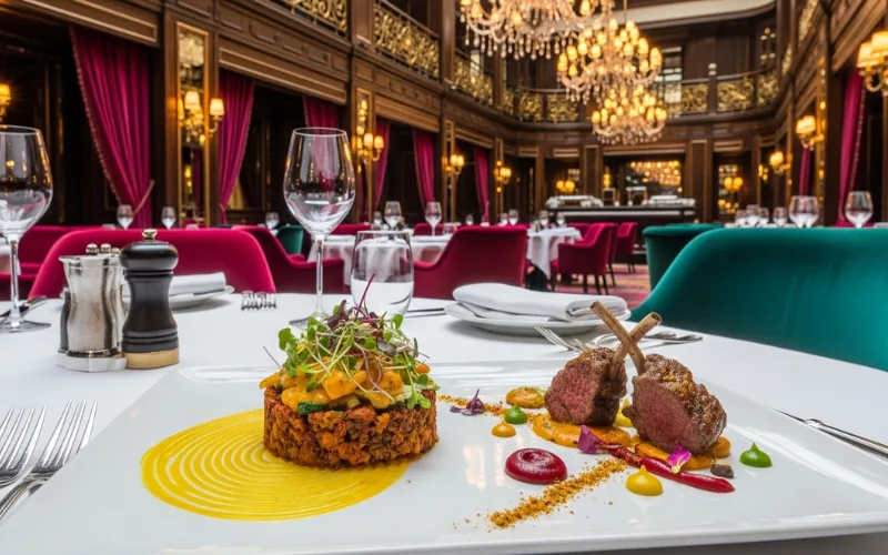 “Luxury Indian fine dining interior, artistic food plating”