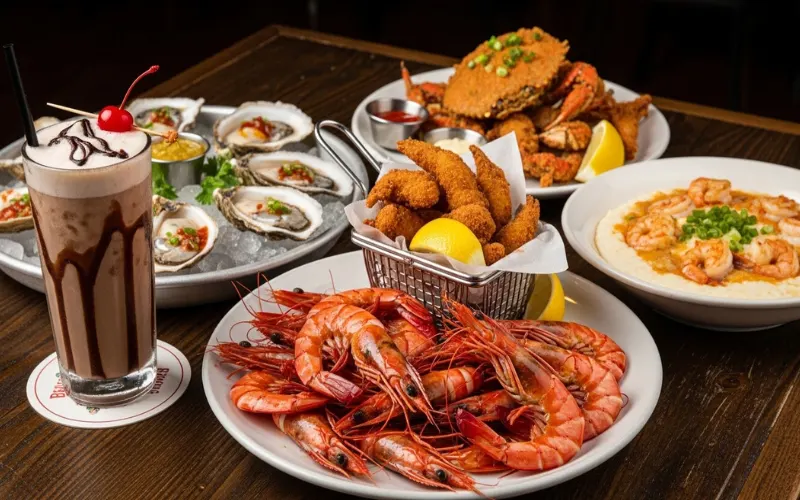 Royal red shrimp, fried crab claws, shrimp and grits, oysters, bushwacker cocktail on wooden table
