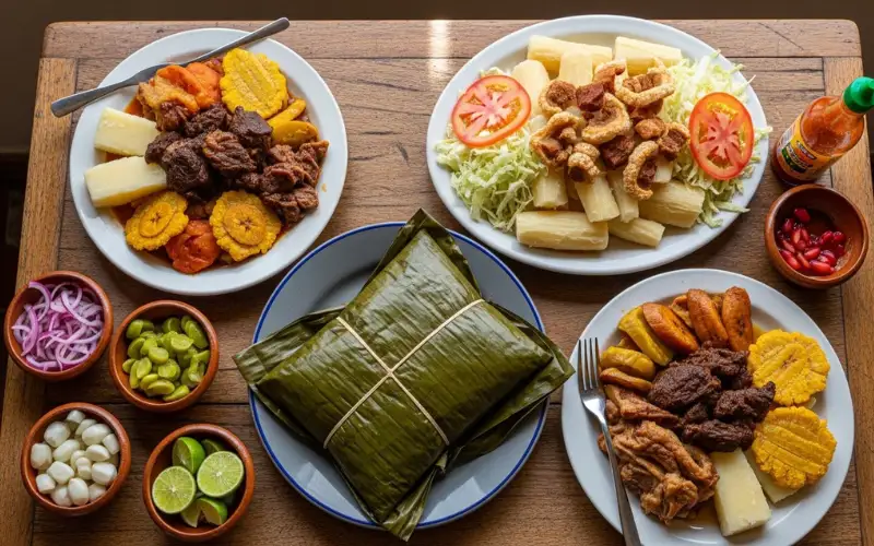 Traditional Nicaraguan main dishes on rustic wooden table including nacatamal wrapped in banana leaves, vigoron with yuca and chicharrones, baho with plantains and yuca, colorful authentic Central American cuisine, natural lighting