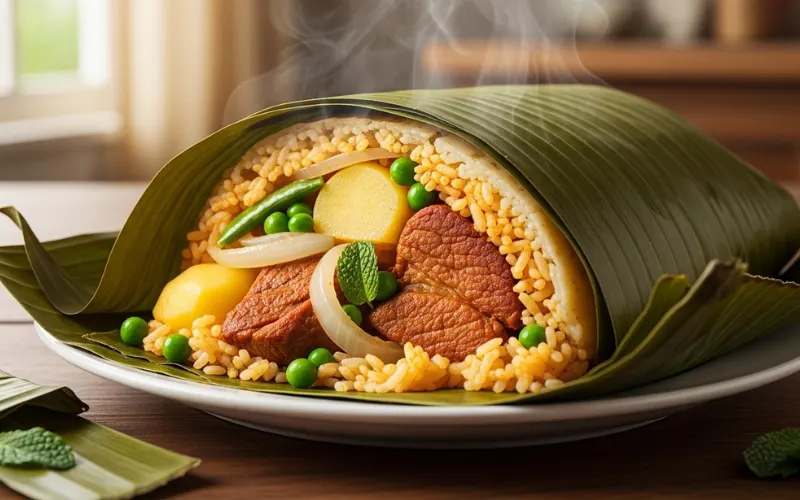 Large nacatamal wrapped in banana leaf opened to reveal pork, rice and vegetables