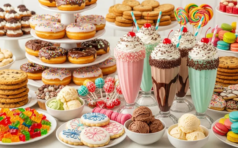 “Dessert table with donuts, ice cream, milkshakes, cookies, colorful sweets, bright lighting