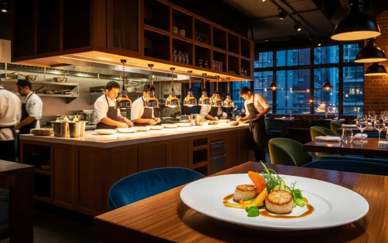 “New modern restaurant interior, chef team in open kitchen, stylish food plating, trendy restaurant design, cinematic lighting”