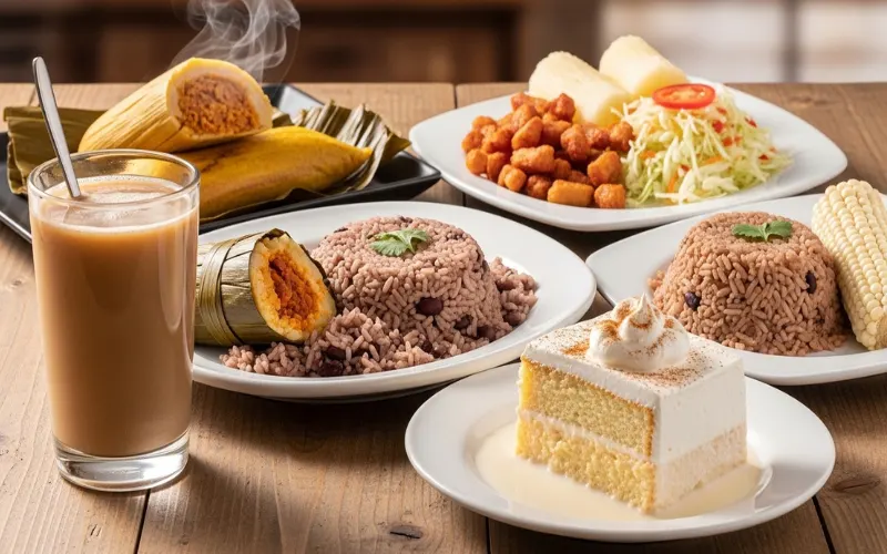 Collection of famous Nicaraguan foods including gallo pinto, nacatamal, vigoron, tres leches cake and pinolillo drink arranged
