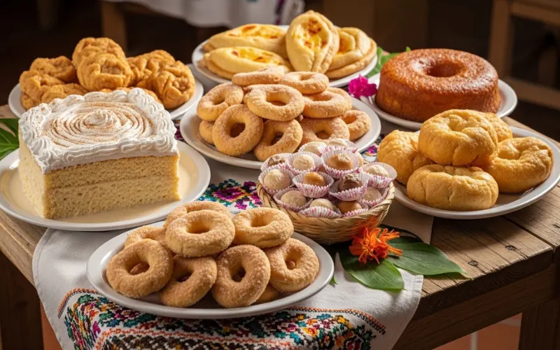 Colorful table of traditional Nicaraguan desserts including tres leches cake, rosquillas cookies, cajeta sweets and local pastries, rustic Central American dessert display