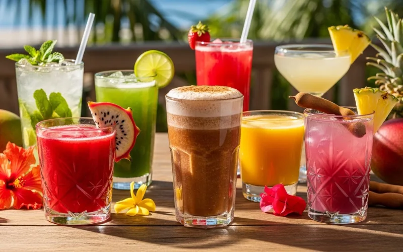 Collection of traditional Nicaraguan drinks including pinolillo, tropical fruit juices and cocktails, colorful glasses on wooden table