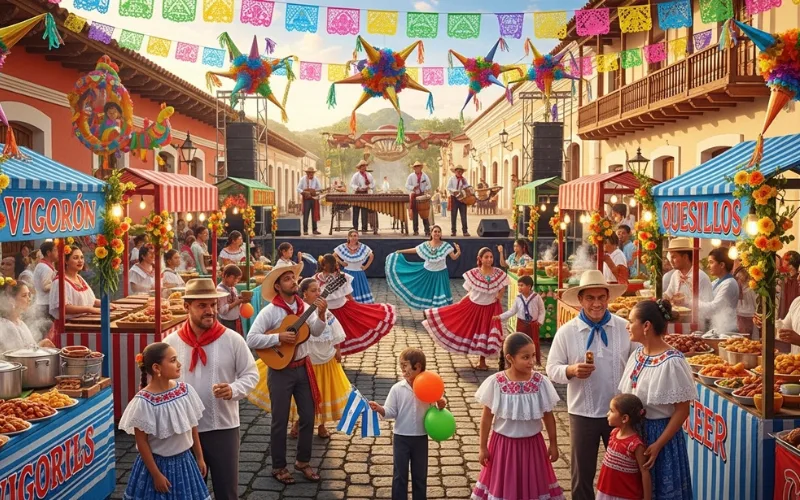 Colorful Nicaraguan festival with traditional food stalls, decorations, music and families celebrating