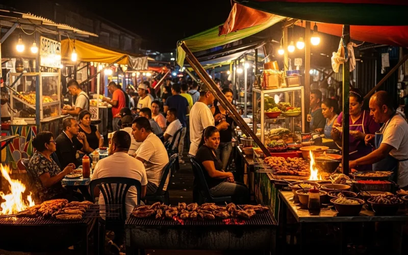 Busy Nicaraguan street food market at night, colorful fritanga stalls grilling meat, locals eating gallo pinto and plantains, warm lights