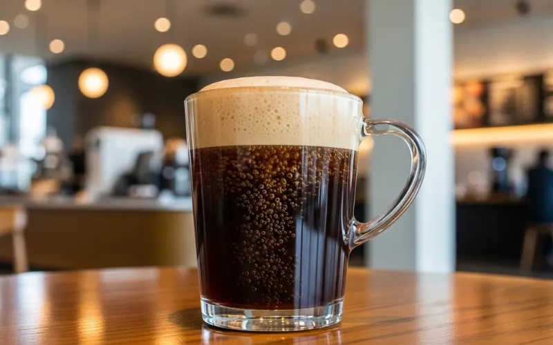 Starbucks Nitro Cold Brew in a glass cup, nitrogen bubbles cascading, dark coffee with creamy foam.