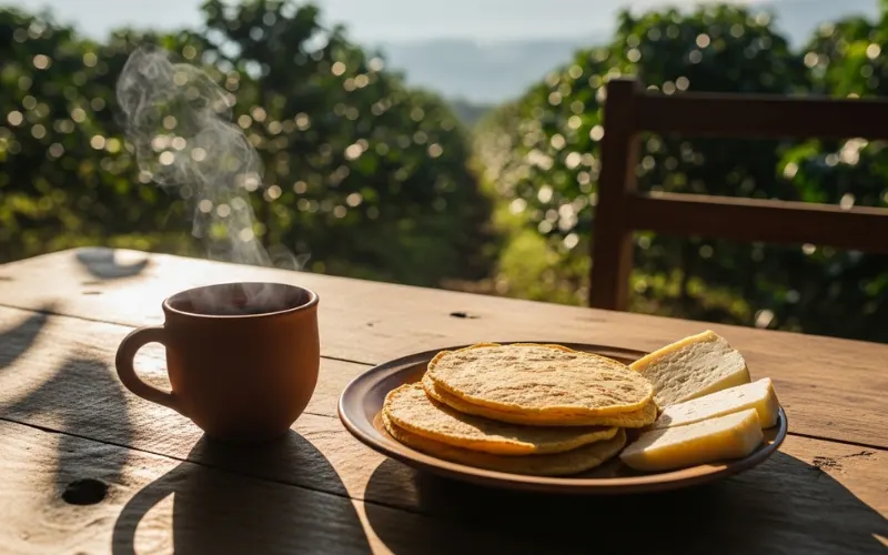 Mountain coffee farm in northern Nicaragua with cup of fresh coffee, guirila corn tortillas and cheese 