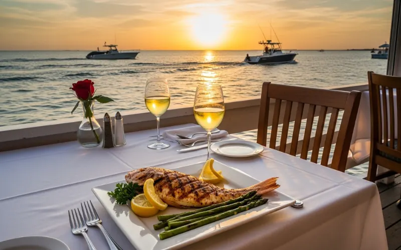 Waterfront dining table, grilled redfish plate, boats passing, sunset dinner