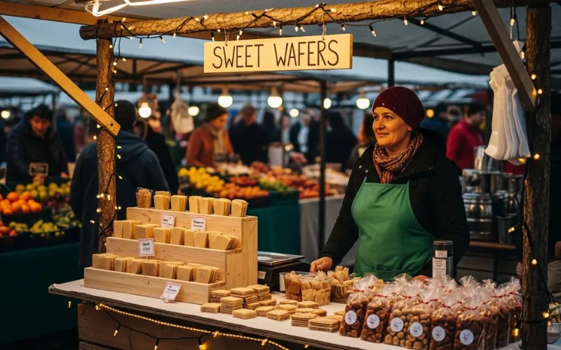 Street vendor preparing wafer dessert with caramel filling, outdoor market