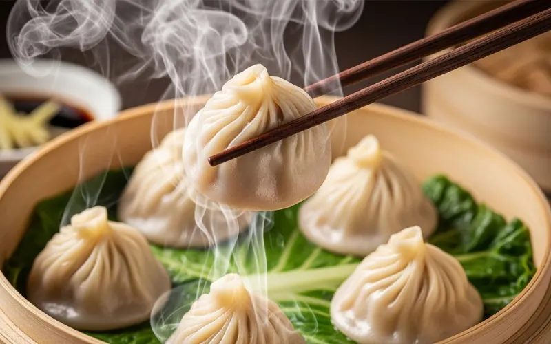 “Soup dumplings, chopsticks holding xiao long bao, steam”