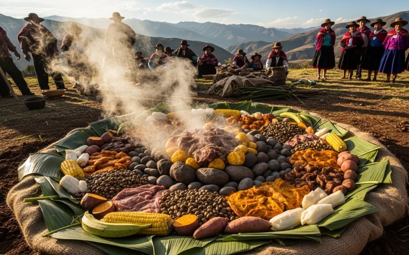 Underground stone cooking with meat and vegetables in the Andes mountains