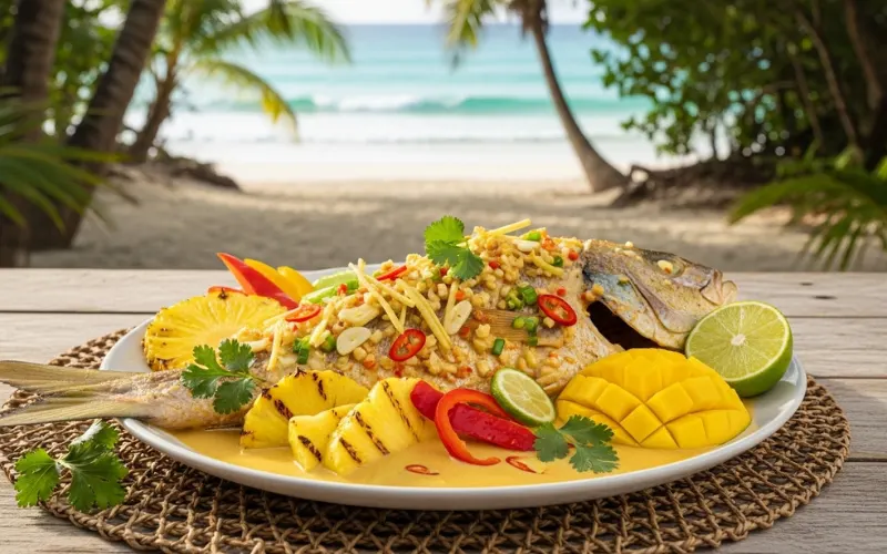 Coconut-based fish dish with tropical ingredients, jungle coastal vibe