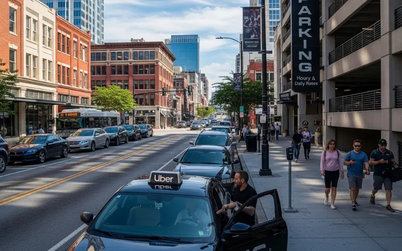 “Downtown Nashville street with parked cars, parking garage sign, Uber car pickup, city transportation concept, daytime city photo”