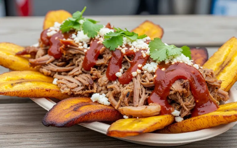 Crispy fried plantains topped with meat and sauce, street style plating