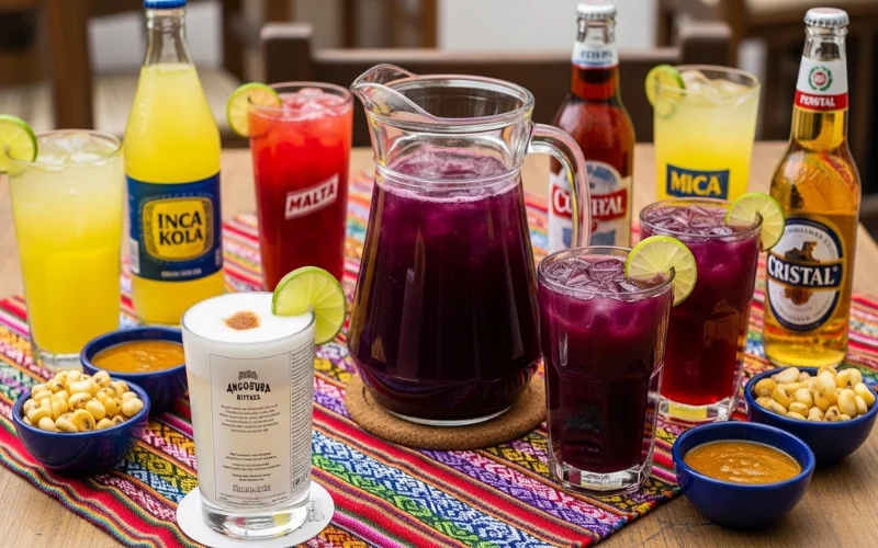 Peruvian drinks table with pisco sour cocktail, chicha morada, colorful beverages