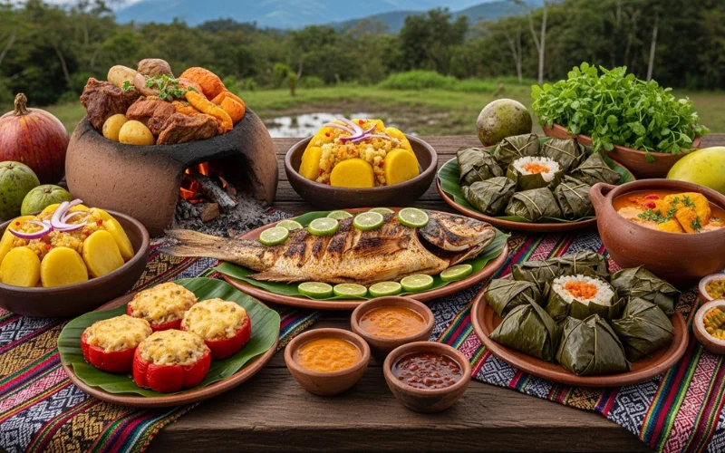 Traditional dishes from Andes mountains and Amazon rainforest, rustic regional Peruvian food table