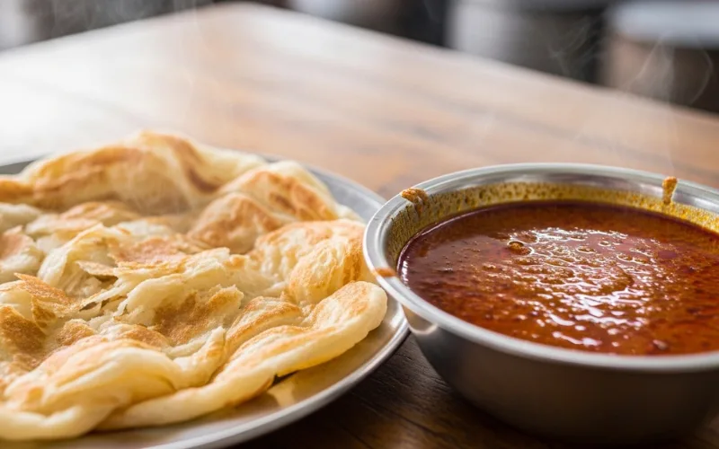 “Roti canai and curry sauce, Malaysian food, street food style”