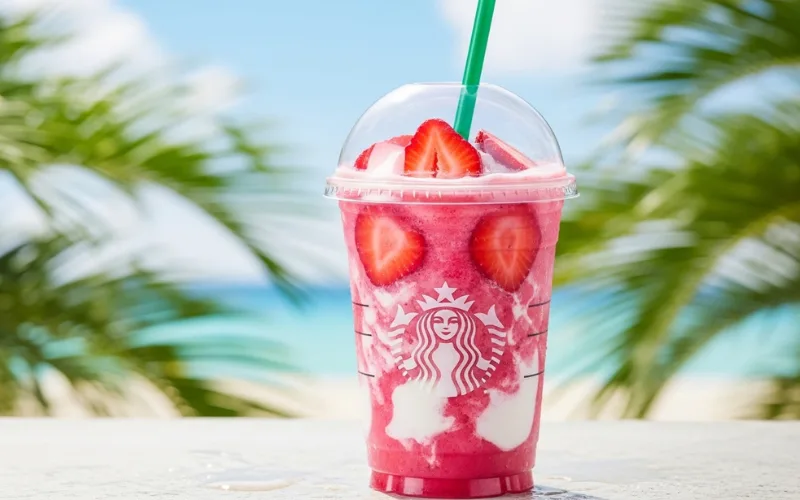 Starbucks Pink Drink in clear cup with strawberry acai, coconut milk, tropical fresh look, bright summer background.