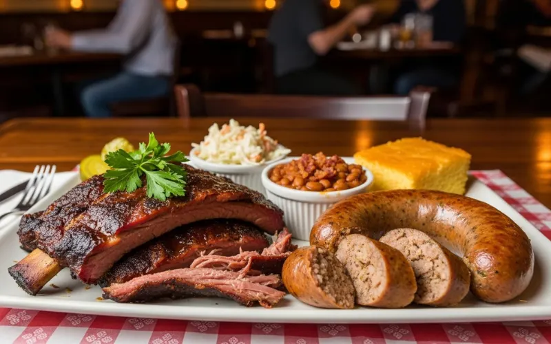 “BBQ ribs and boudin sausage, meat platter, restaurant table”