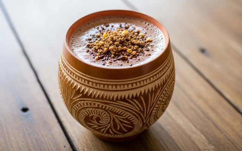 Traditional pinolillo drink served in carved jicaro gourd cup, rustic wooden table