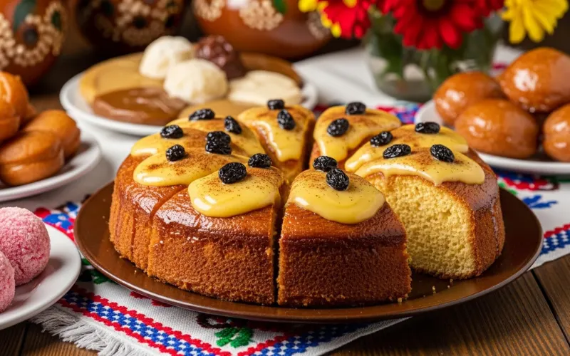 Traditional Nicaraguan pio quinto dessert, rum soaked sponge cake topped with custard raisins and cinnamon, festive Central American dessert table