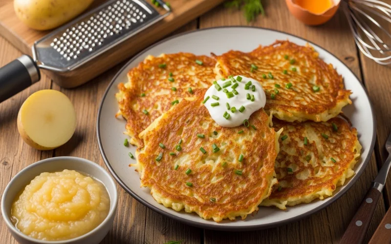 Explain placki ziemniaczane, how potato pancakes are prepared and how they are served.