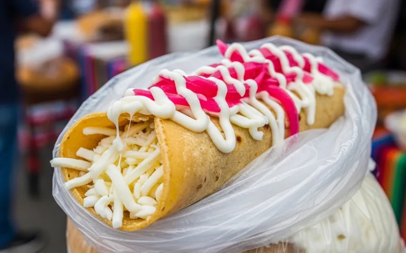 Traditional Nicaraguan quesillo served in tortilla with stretchy white cheese, pickled onions and cream in plastic bag, street vendor background