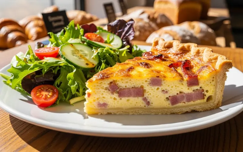 Golden quiche lorraine slice with salad, bakery display, natural light.