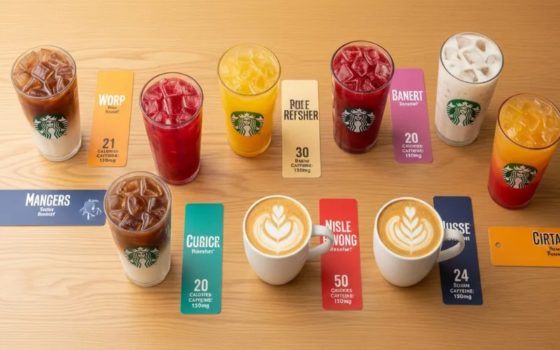 Flat lay of multiple Starbucks drinks on a table with name tags, calories, caffeine, colorful.