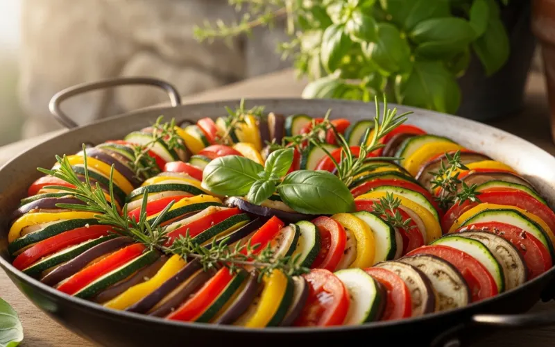 Colorful ratatouille vegetables in rustic pan, fresh herbs, Mediterranean lighting.
