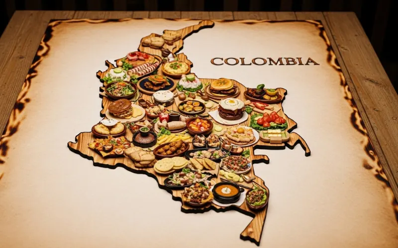 Map of Colombia with different food dishes placed by region, creative layout