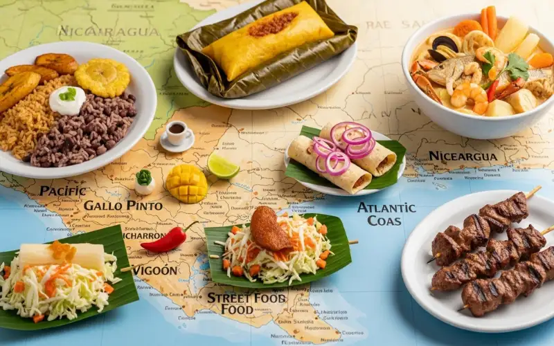 Map-style food scene showing different Nicaraguan regional dishes like gallo pinto, rondon seafood stew, nacatamales and street food