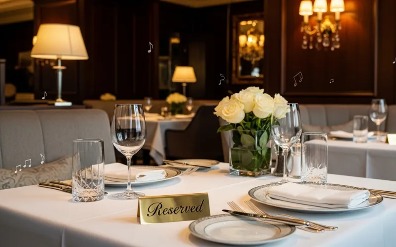 “Upscale restaurant interior, reserved table sign, elegant dining setup”