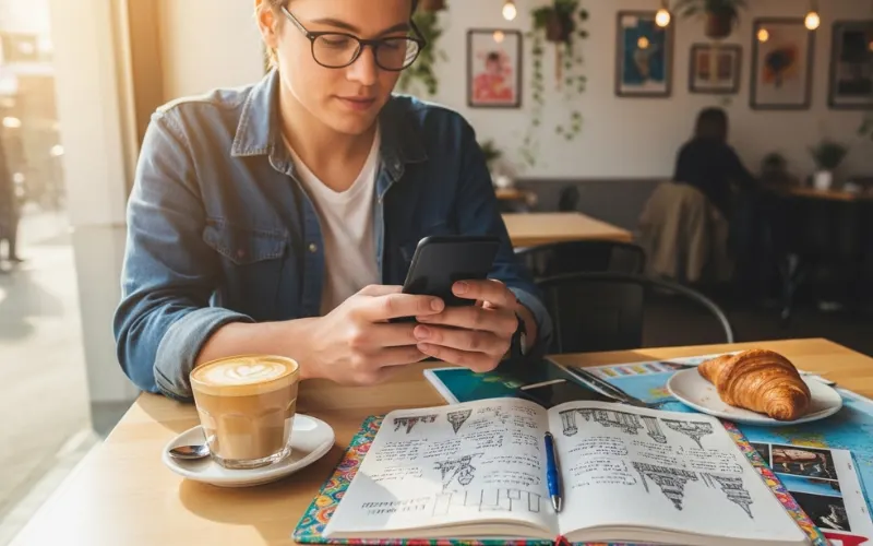 “Person using phone to book restaurant reservation, coffee on table, travel planning, modern cafe setting, soft natural light, travel blog style”