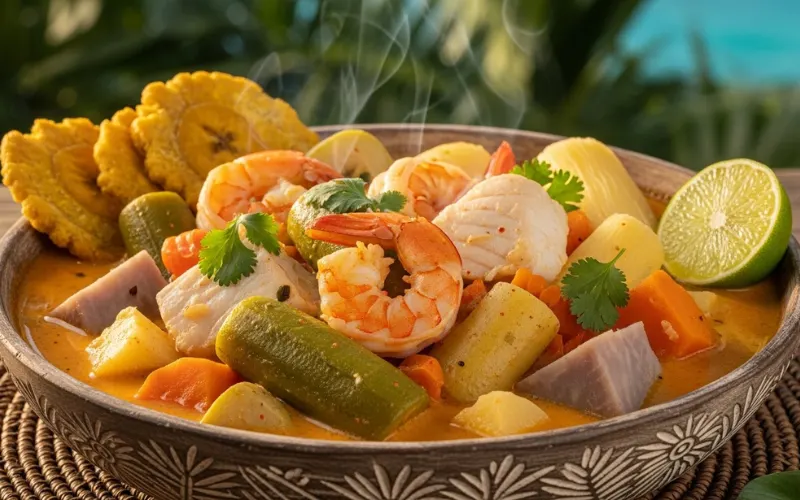 Caribbean seafood stew rondon with coconut milk, shrimp, fish