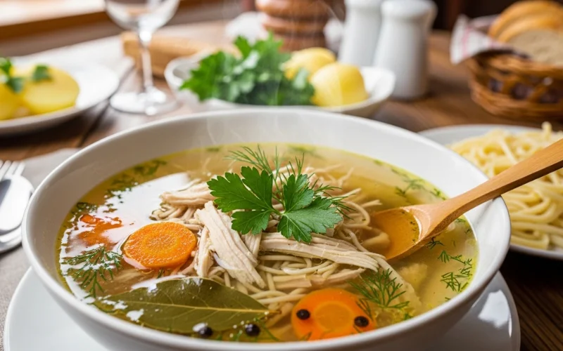 Explain rosół chicken broth, how it is cooked slowly, and its role in Polish Sunday family meals.