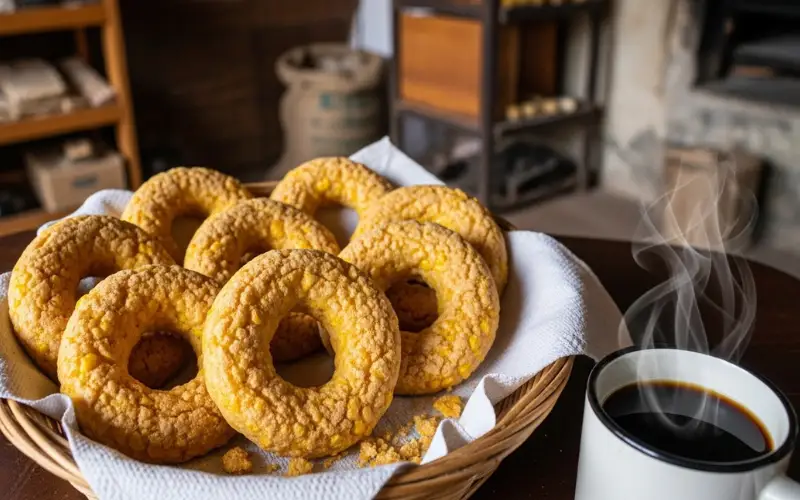 Traditional Nicaraguan rosquillas corn cheese crackers in ring shape, rustic basket with coffee cup