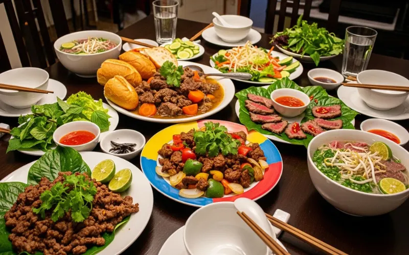 “Vietnamese beef dishes, multiple plates, family style table”