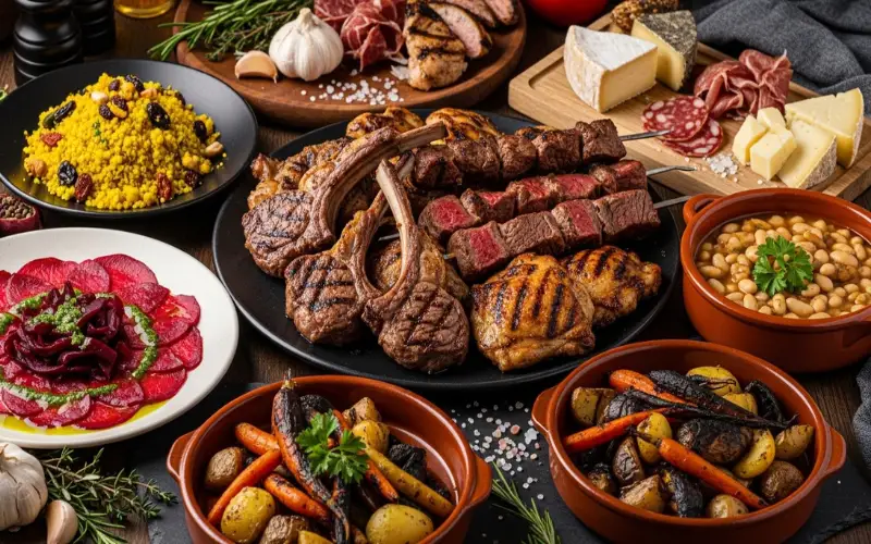 Traditional rustic dishes with grilled meat and unique foods, bold presentation