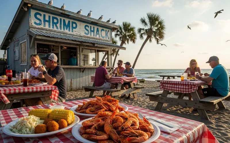 Simple seafood shack, royal red shrimp plate, picnic tables, casual outdoor dining